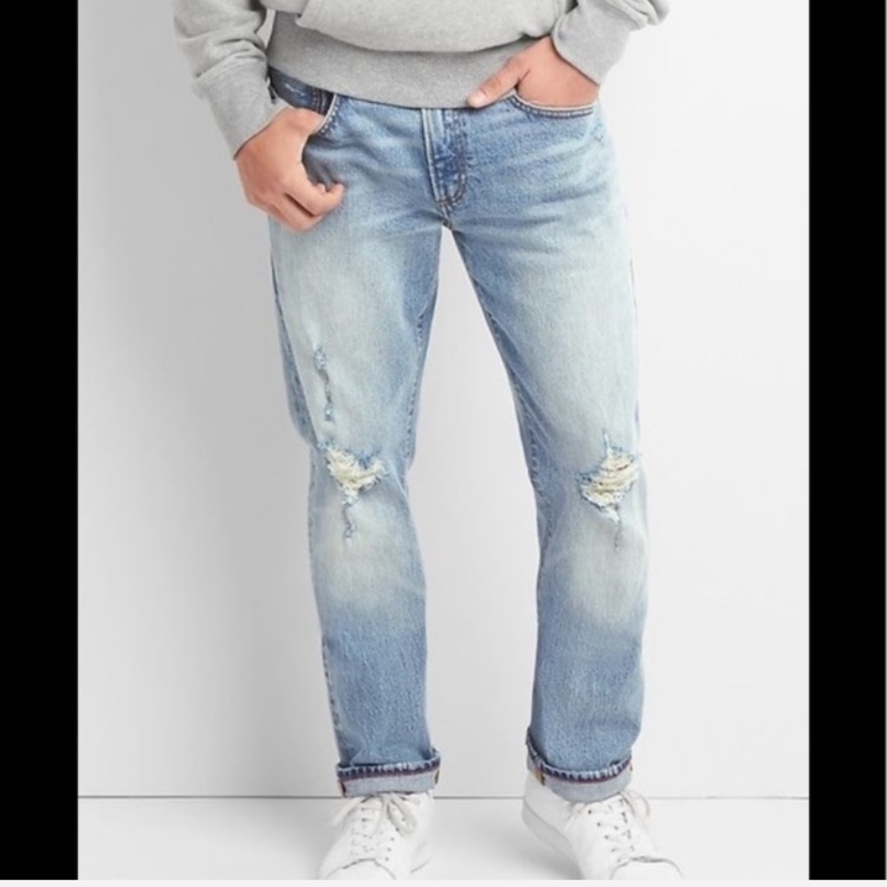 GAP | 30” Cone Denim Distressed Slim Straight Jeans light wash